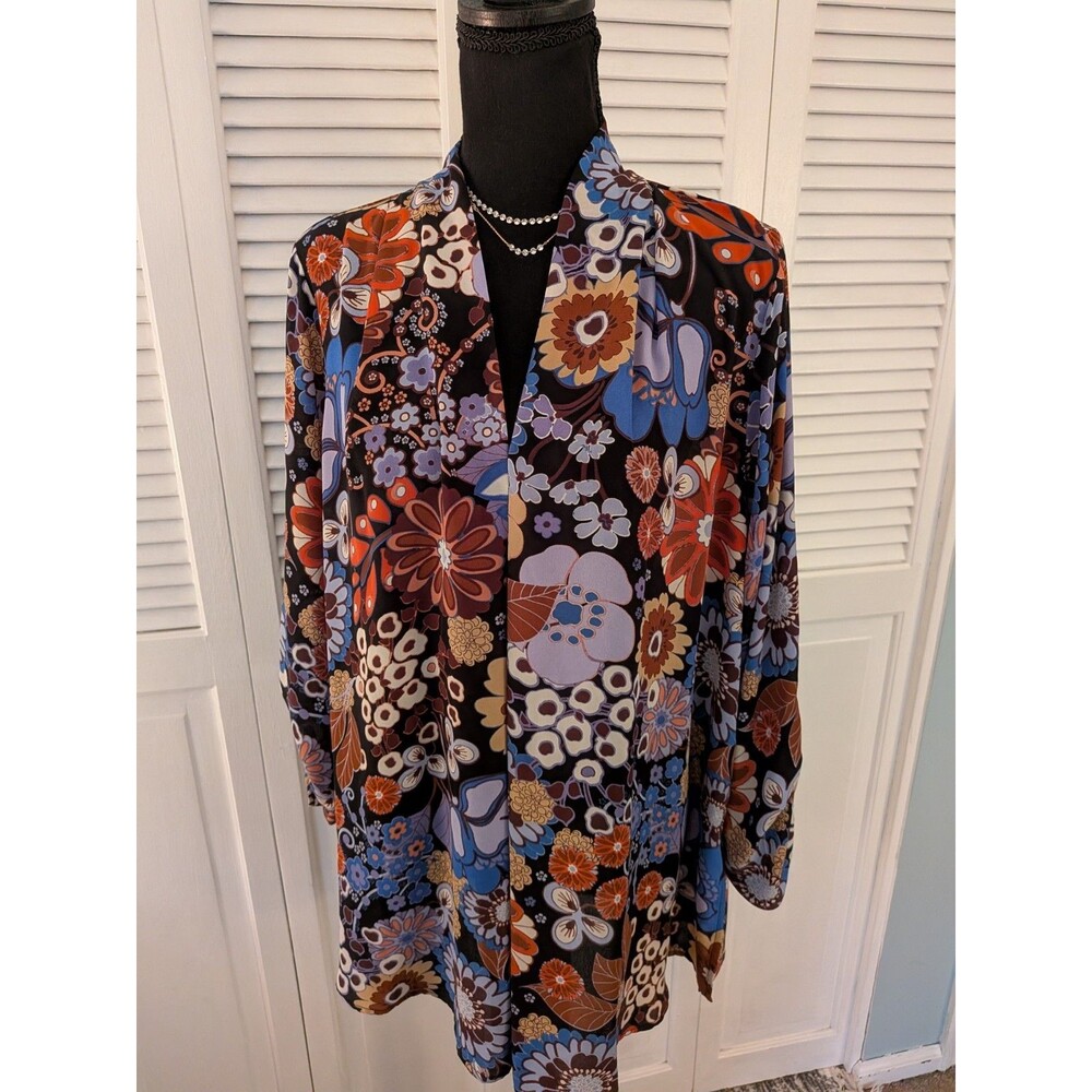 Floral & Ivy Blouse Women's 2X Blue Brown Rust Floral Peasant Boho Relaxed Top